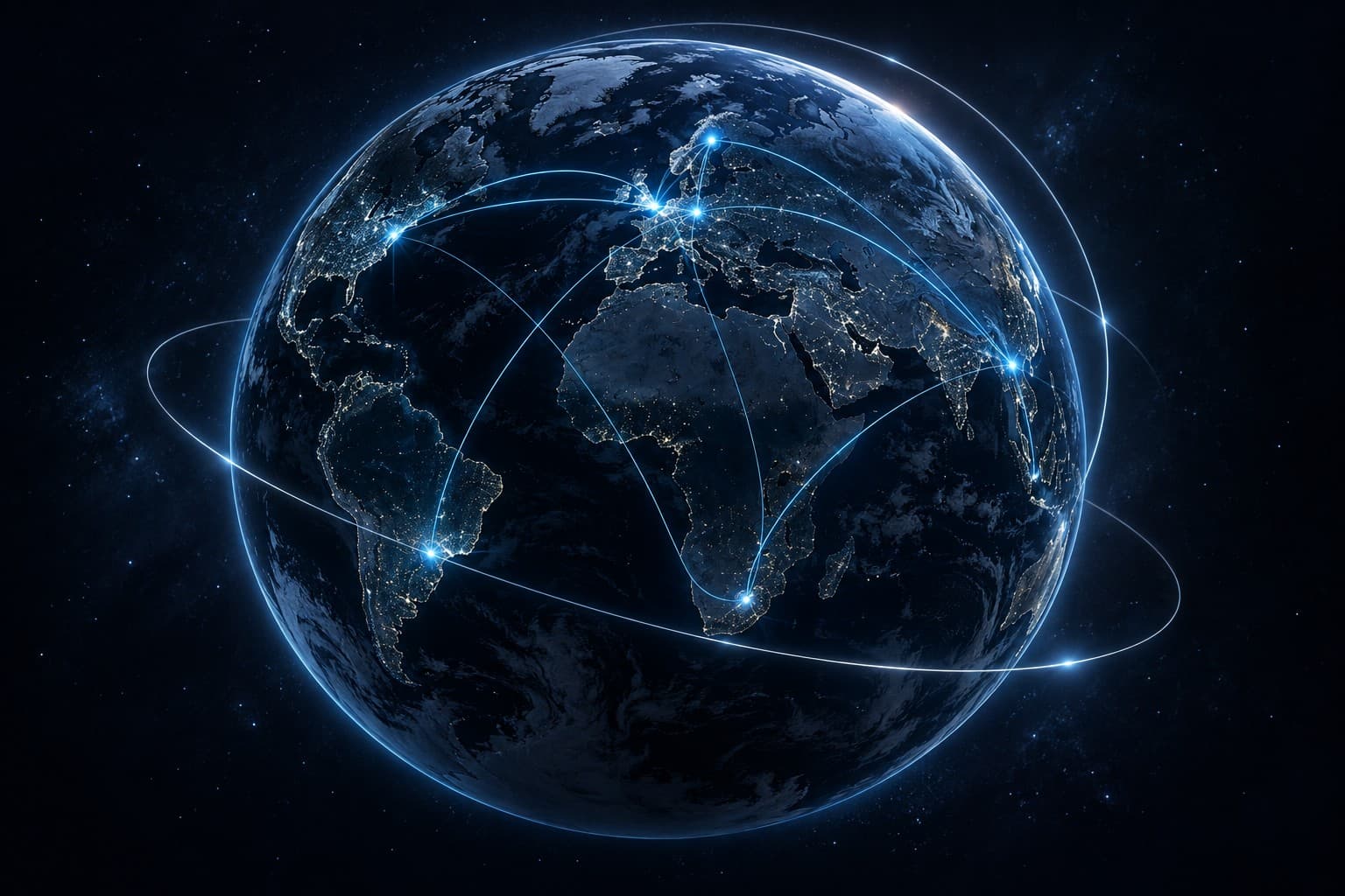 A glowing globe with lines of light linking financial centres across Europe, the Americas, Africa and Asia.